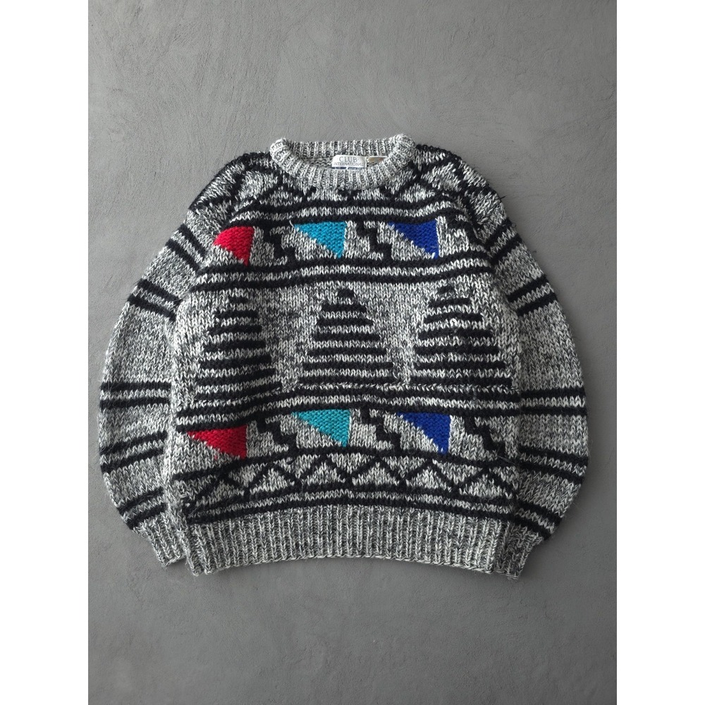 Vintage 80s Club International Grey Geometric Acrylic Knit Sweater Crewneck L